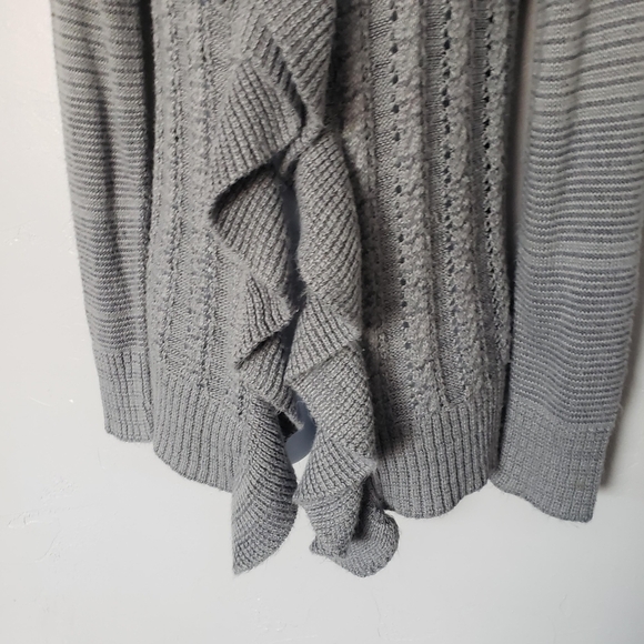 Grey Sweater Knit Long Sleeve Cardigan Draped Ruffle Girly Feminine Layering Top - Picture 7 of 8